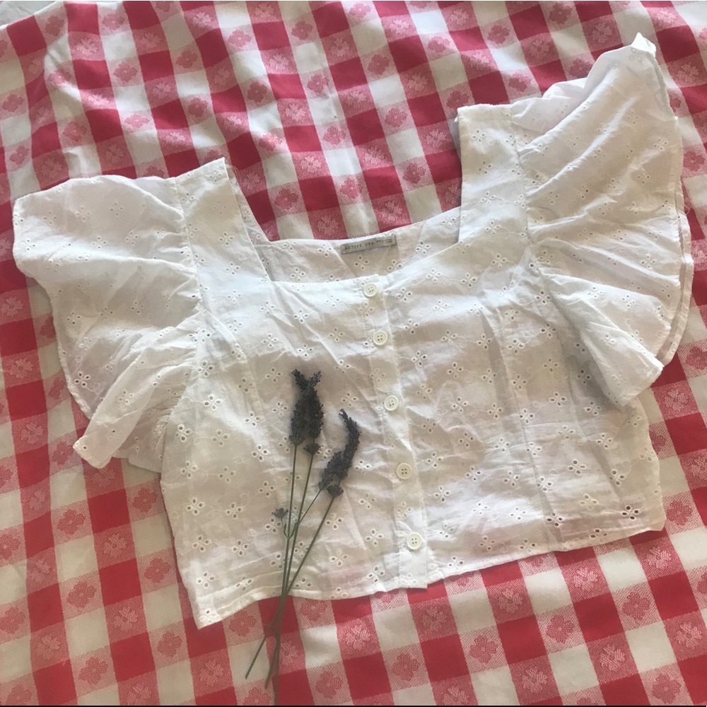 Eyelet Puff Sleeve Button Down Blouse